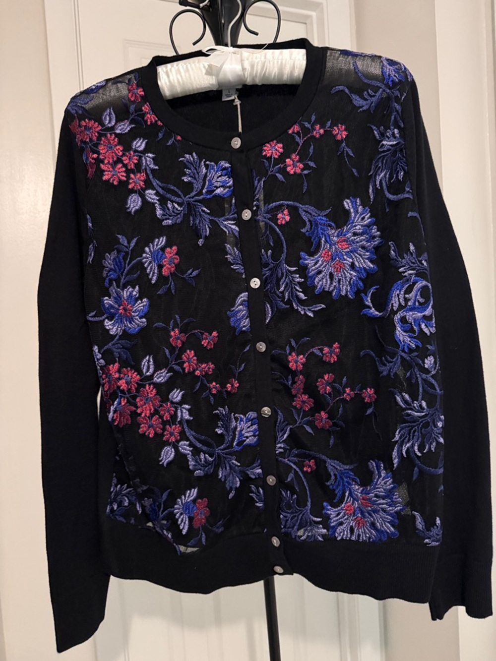 A New Day Black Cardigan with Purple and Pink Floral Embroidery Size L NWT